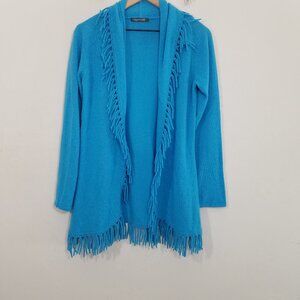 Claudia Nichole 100% Cashmere Fringe Open Front Cardigan Long Sleeve Blue Size S